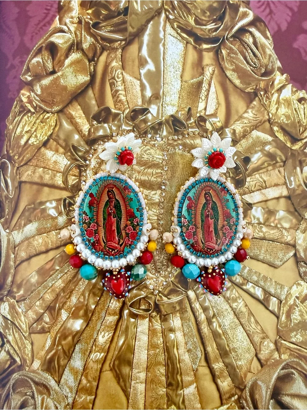Handcrafted Turquoise & Red Religious Medallion Earrings - Women Jewelry